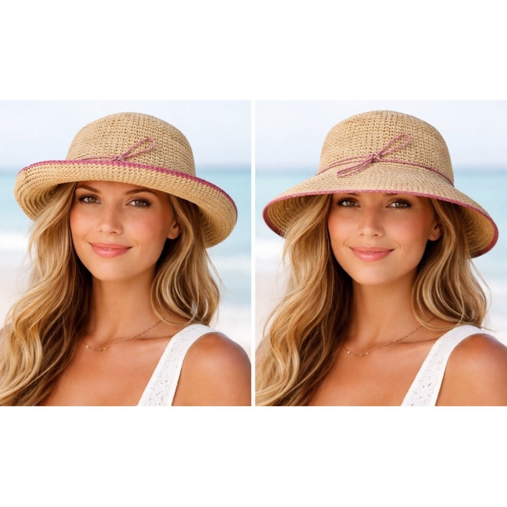 Vintage Jams World‎ Crochet Natural Raffia Straw Sun Beach Hat Fuschia Pink Trim